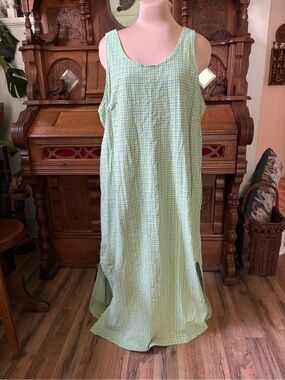 Green Plaid Sleeveless Linen blend retro Maxi Dress